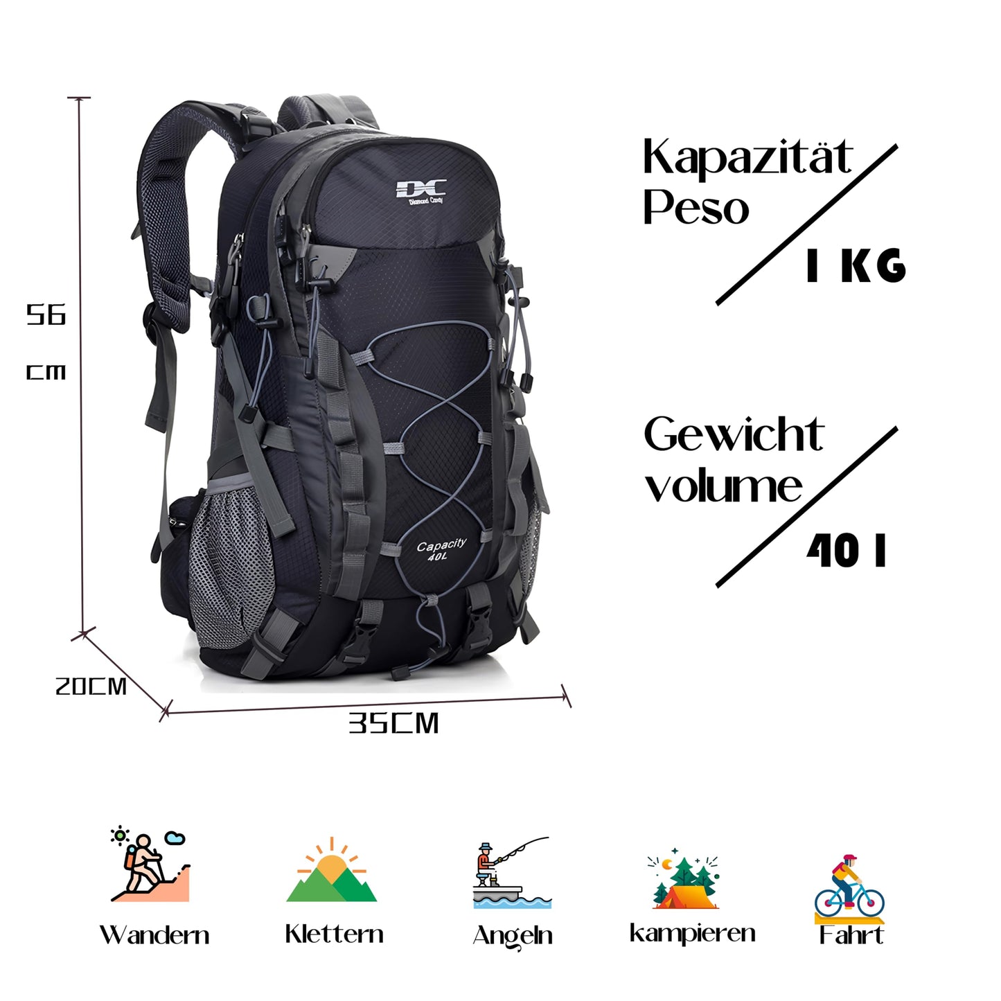 DCmount Wanderrucksack 40l Damen Herren Rucksack Wasserdicht Reiserucksack mit Regenschutz